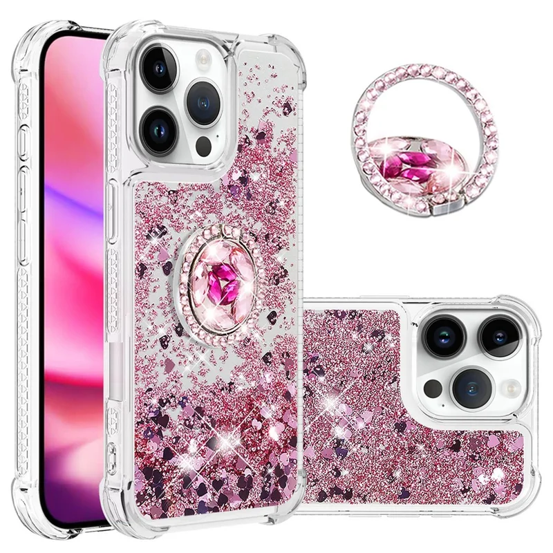 YB Quicksand Series-7 Pour Iphone 16 Pro Kickstand Case Shiny Sequins TPU Cover - or Rose / Cœurs