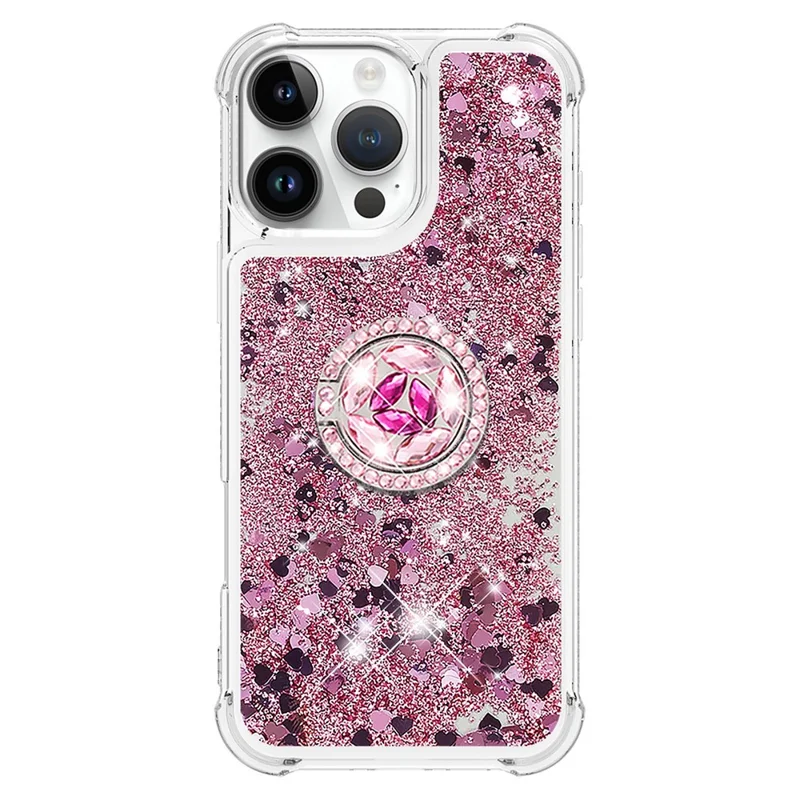 YB Quicksand Series-7 Pour Iphone 16 Pro Kickstand Case Shiny Sequins TPU Cover - or Rose / Cœurs