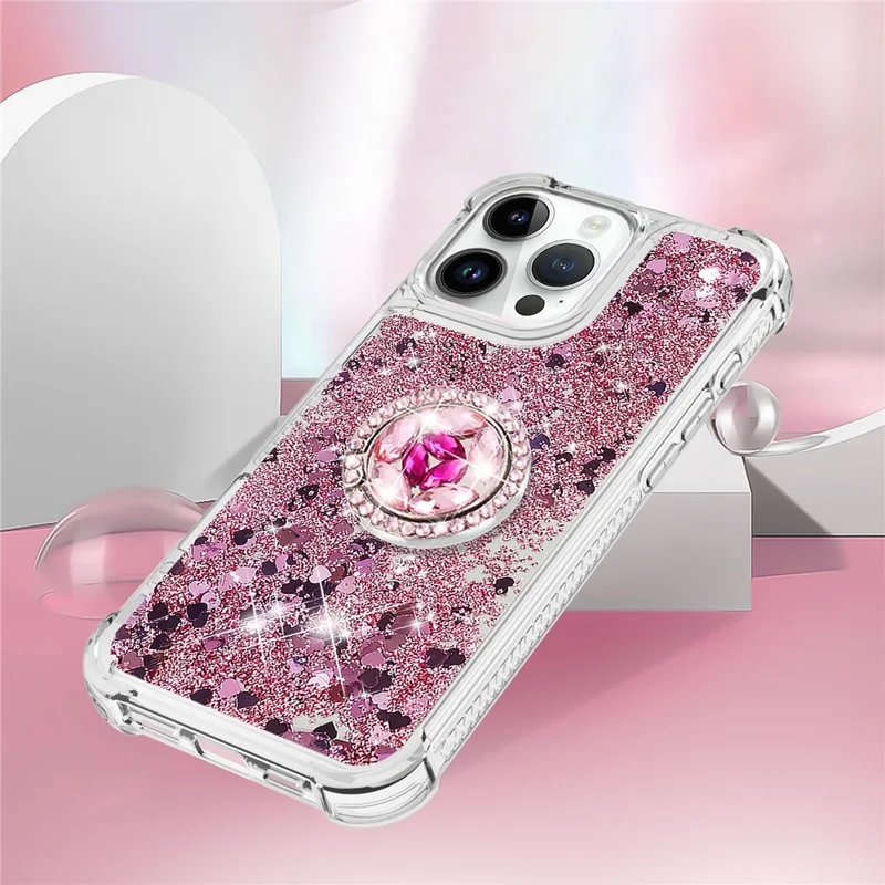 YB Quicksand Series-7 Pour Iphone 16 Pro Kickstand Case Shiny Sequins TPU Cover - or Rose / Cœurs