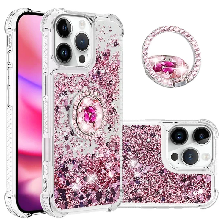 YB Quicksand Series-7 Pour Iphone 16 Pro Max Kickstand Case Shiny Sequins TPU Cover - or Rose / Cœurs