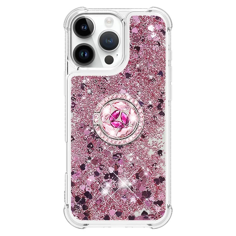 YB Quicksand Series-7 Pour Iphone 16 Pro Max Kickstand Case Shiny Sequins TPU Cover - or Rose / Cœurs