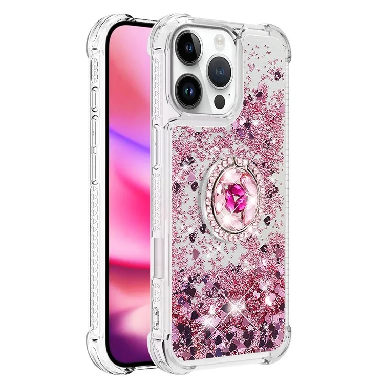 YB Quicksand Series-7 Pour Iphone 16 Pro Max Kickstand Case Shiny Sequins TPU Cover - or Rose / Cœurs