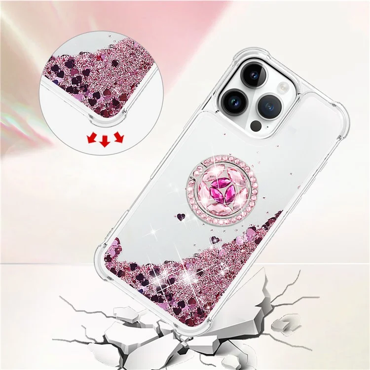 YB Quicksand Series-7 Pour Iphone 16 Pro Max Kickstand Case Shiny Sequins TPU Cover - or Rose / Cœurs