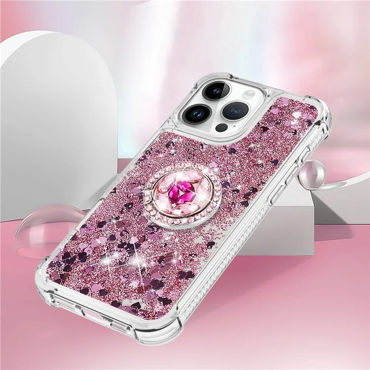 YB Quicksand Series-7 Pour Iphone 16 Pro Max Kickstand Case Shiny Sequins TPU Cover - or Rose / Cœurs