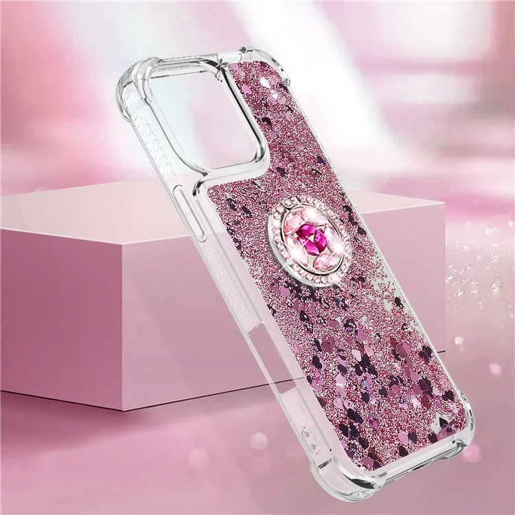 YB Quicksand Series-7 Pour Iphone 16 Pro Max Kickstand Case Shiny Sequins TPU Cover - or Rose / Cœurs