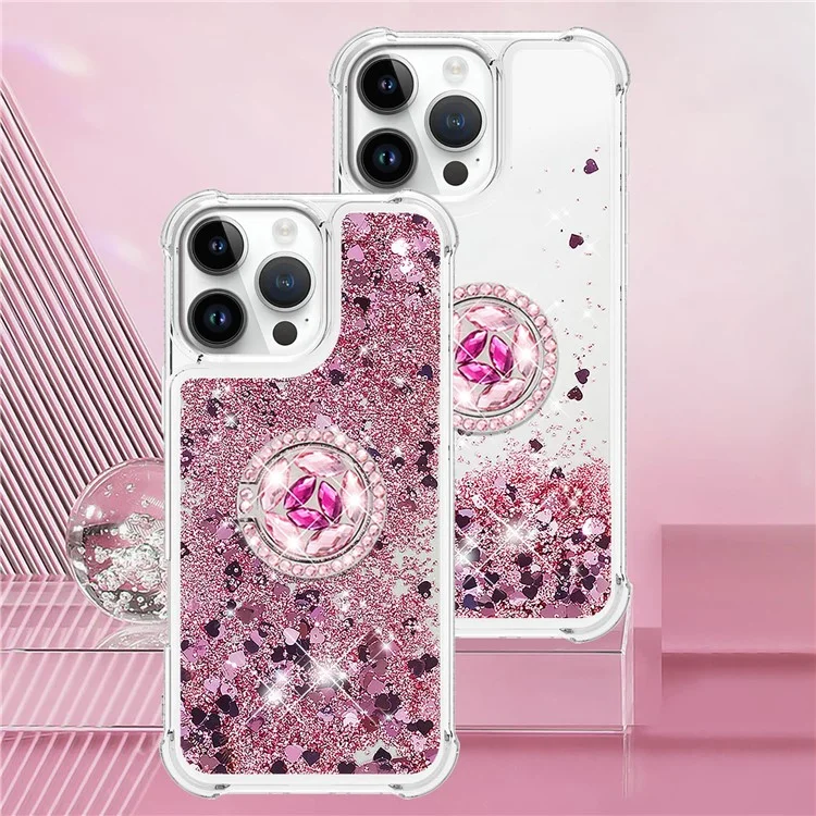 YB Quicksand Series-7 Pour Iphone 16 Pro Max Kickstand Case Shiny Sequins TPU Cover - or Rose / Cœurs