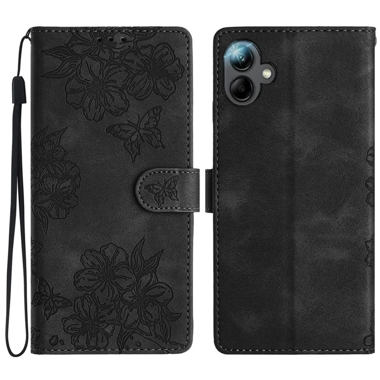 Für Samsung Galaxy A06 Case Butterfly Flower Pattern Skin-Touch Leather Phone Cover - Schwarz