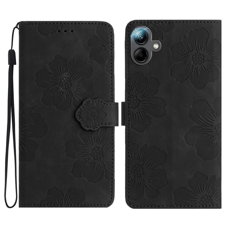 Для Samsung Galaxy A06 Case Flower Design Кожаная Крышка Телефона Кошелька с Ремешком Для Запястья - Черный