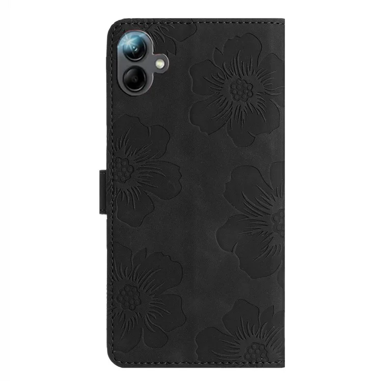 Для Samsung Galaxy A06 Case Flower Design Кожаная Крышка Телефона Кошелька с Ремешком Для Запястья - Черный