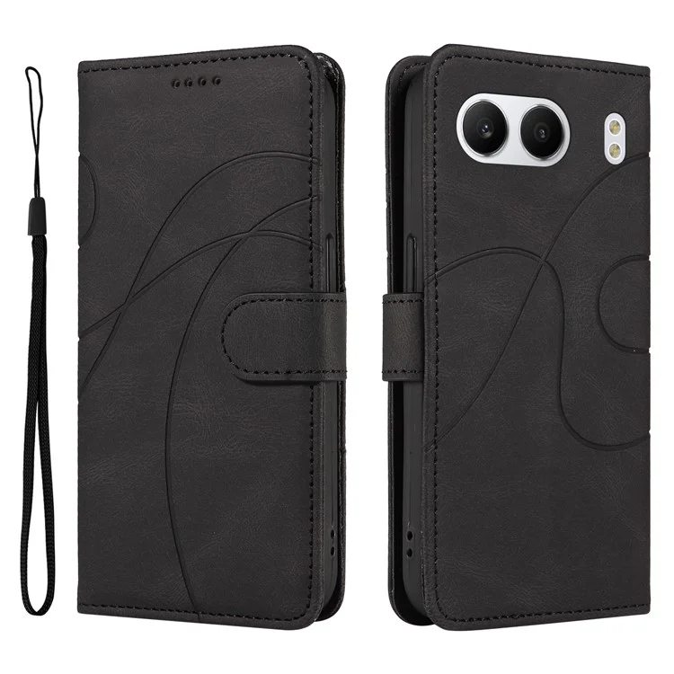 Für OnePlus Nord 4 Case Stand Wallet Leder Handyhülle Gekrümmte Linie Handgelenkschlaufe - Schwarz