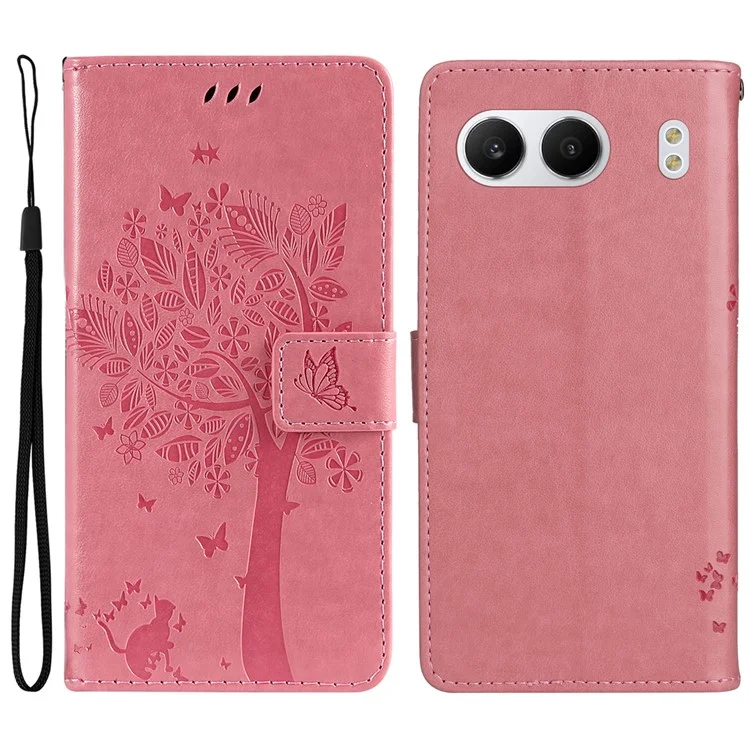 KT Imprinting Flower Series-3 Per OnePlus Nord 4 Case Albero a Gatto Modello Flip Custodia in Pelle per Telefono - Rosa