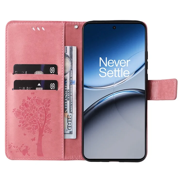 KT Imprinting Flower Series-3 Per OnePlus Nord 4 Case Albero a Gatto Modello Flip Custodia in Pelle per Telefono - Rosa