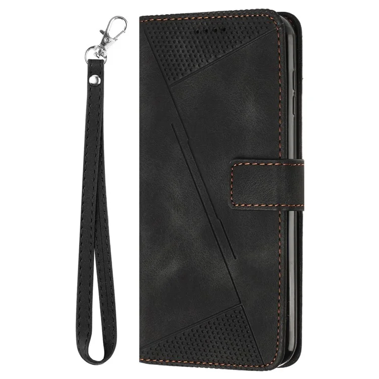 Para Samsung Galaxy A16 5G / A16 4G Capa Case Padrão de Triângulo Cobertura de Telefone de Couro com Alça de Mão Slots de Cartão - Preto