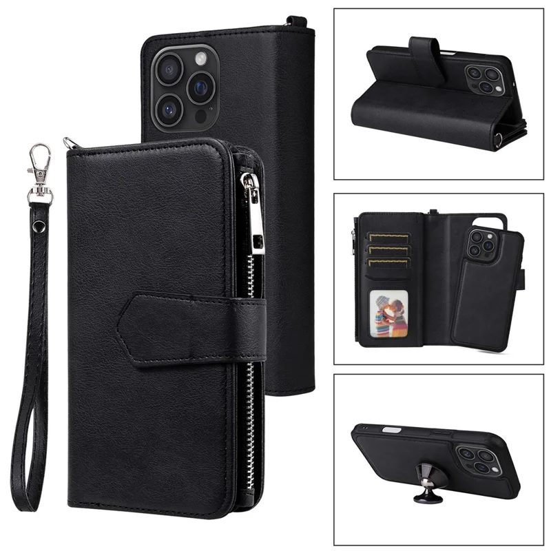 KT Multi-Functional Series-4 para iPhone 16 Pro Max Funda Desmontable de Cuero de PU con Cremallera - Negro