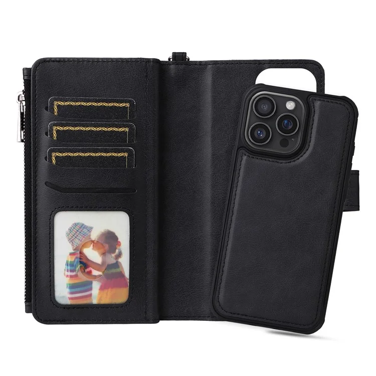 KT Multi-Functional Series-4 para iPhone 16 Pro Max Funda Desmontable de Cuero de PU con Cremallera - Negro