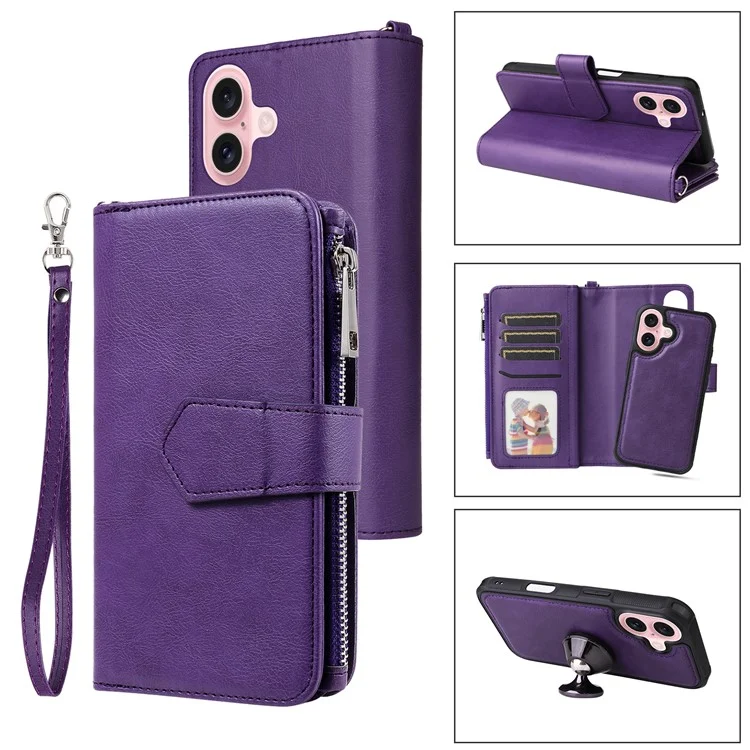 For iPhone 16 Magnetic Leather Case Mobile Cover with Detachable Zipper Wallet Strap - Purple