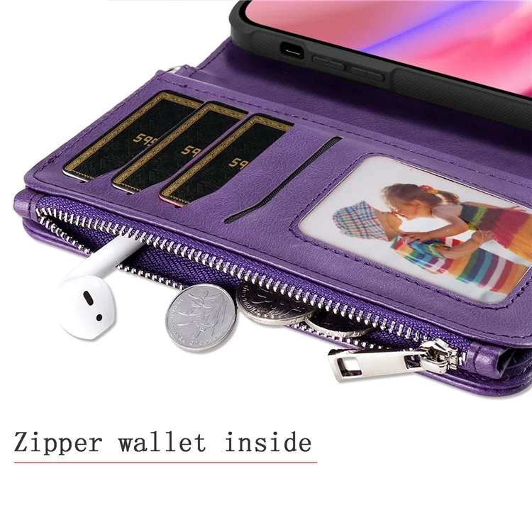For iPhone 16 Magnetic Leather Case Mobile Cover with Detachable Zipper Wallet Strap - Purple