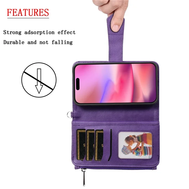 For iPhone 16 Magnetic Leather Case Mobile Cover with Detachable Zipper Wallet Strap - Purple
