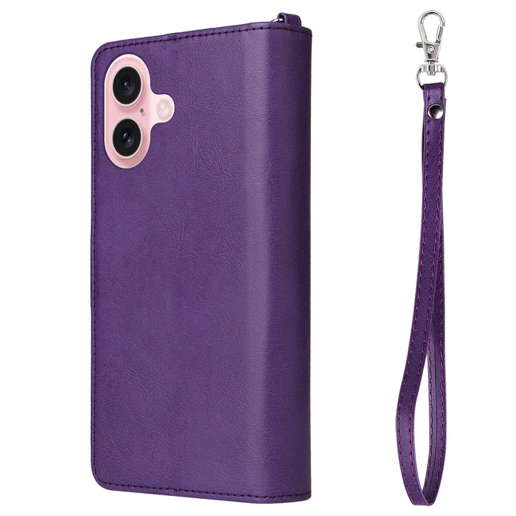 For iPhone 16 Magnetic Leather Case Mobile Cover with Detachable Zipper Wallet Strap - Purple