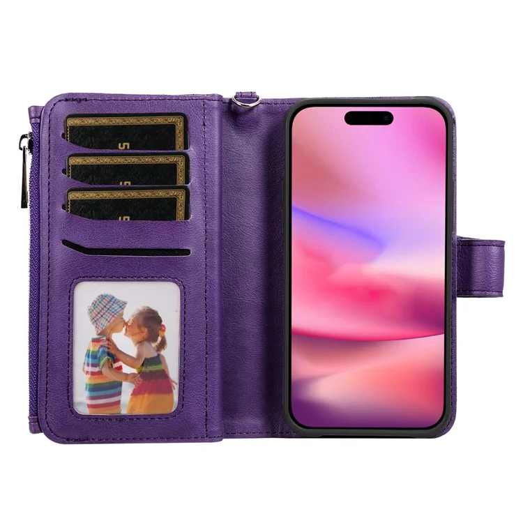 For iPhone 16 Magnetic Leather Case Mobile Cover with Detachable Zipper Wallet Strap - Purple