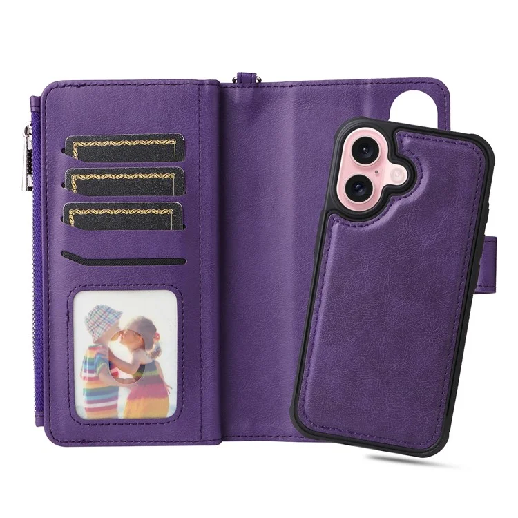 For iPhone 16 Magnetic Leather Case Mobile Cover with Detachable Zipper Wallet Strap - Purple