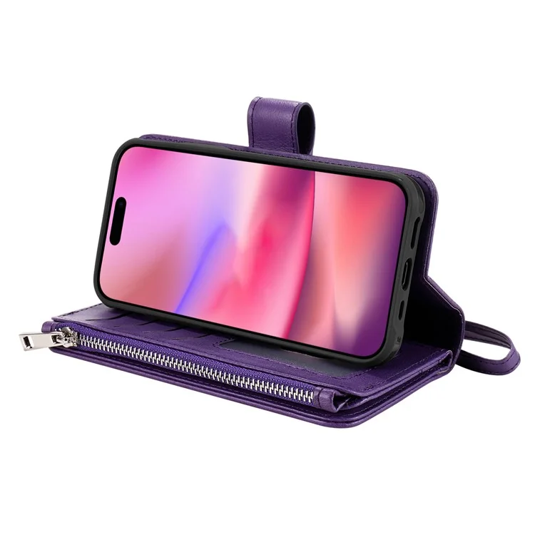 For iPhone 16 Magnetic Leather Case Mobile Cover with Detachable Zipper Wallet Strap - Purple