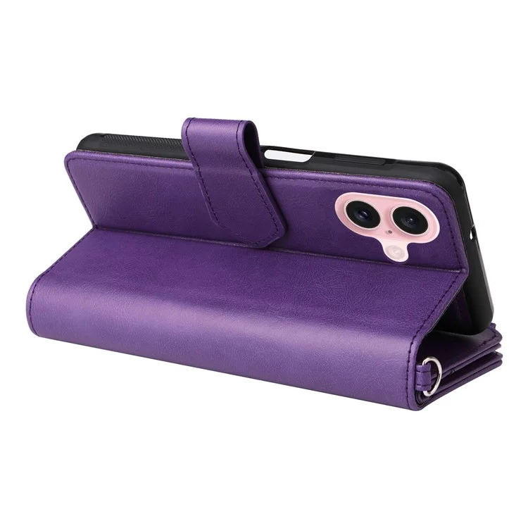 For iPhone 16 Magnetic Leather Case Mobile Cover with Detachable Zipper Wallet Strap - Purple