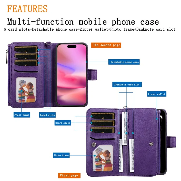 For iPhone 16 Magnetic Leather Case Mobile Cover with Detachable Zipper Wallet Strap - Purple
