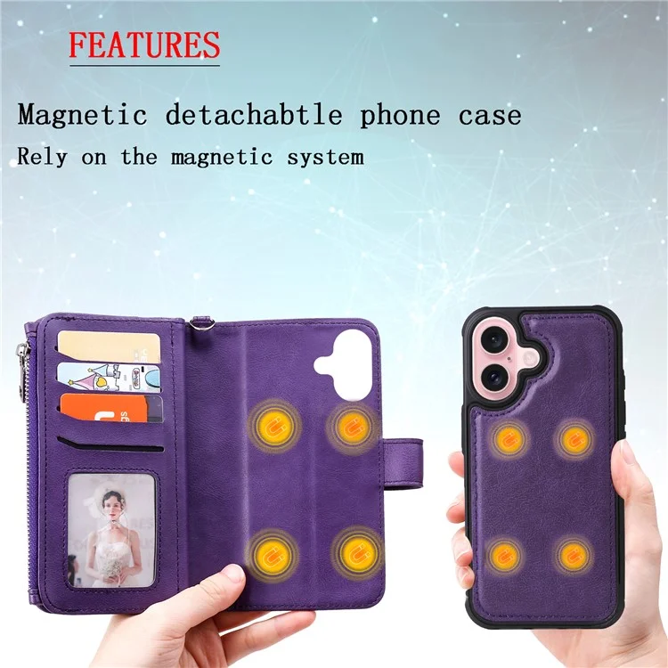 For iPhone 16 Magnetic Leather Case Mobile Cover with Detachable Zipper Wallet Strap - Purple