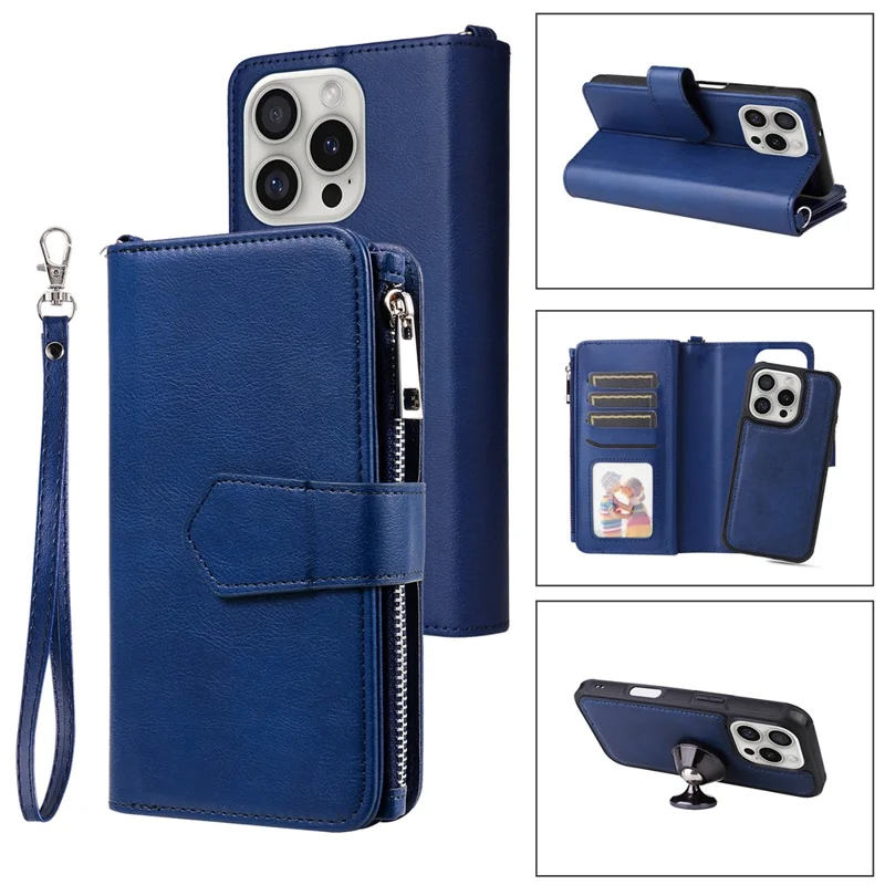 KT Série Multifonctionnelle 4 Pour Iphone 16 Pro Boîtier Détachable PU Leather Zipper Flip Wallet Téléphone - Bleu
