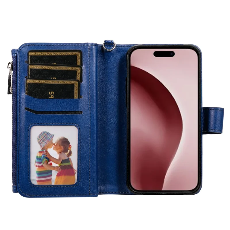 KT Série Multifonctionnelle 4 Pour Iphone 16 Pro Boîtier Détachable PU Leather Zipper Flip Wallet Téléphone - Bleu