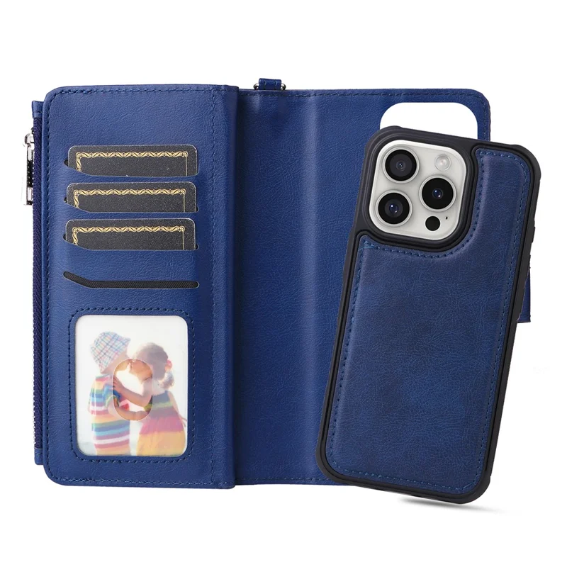 KT Série Multifonctionnelle 4 Pour Iphone 16 Pro Boîtier Détachable PU Leather Zipper Flip Wallet Téléphone - Bleu