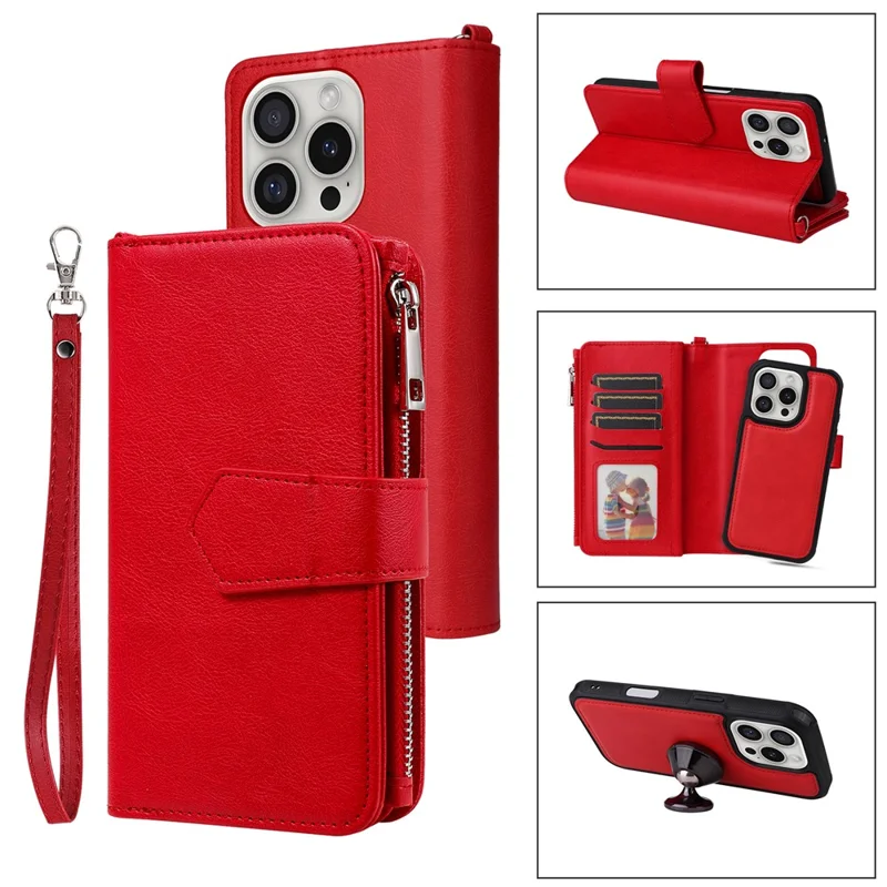 For iPhone 16 Pro Magnetic Leather Case Mobile Cover with Detachable Zipper Wallet Strap - Red