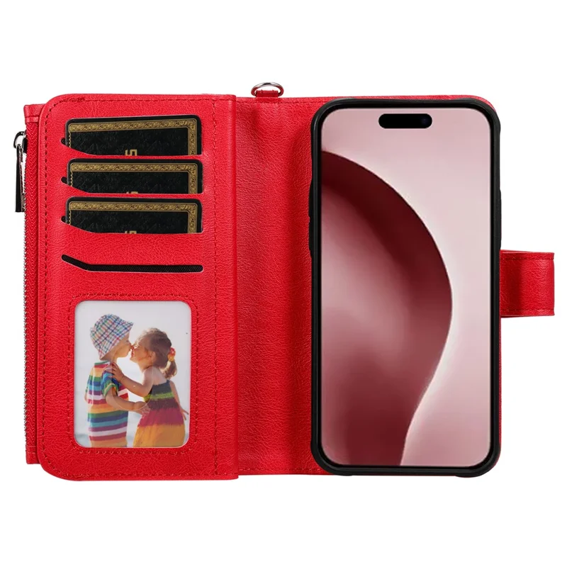 For iPhone 16 Pro Magnetic Leather Case Mobile Cover with Detachable Zipper Wallet Strap - Red