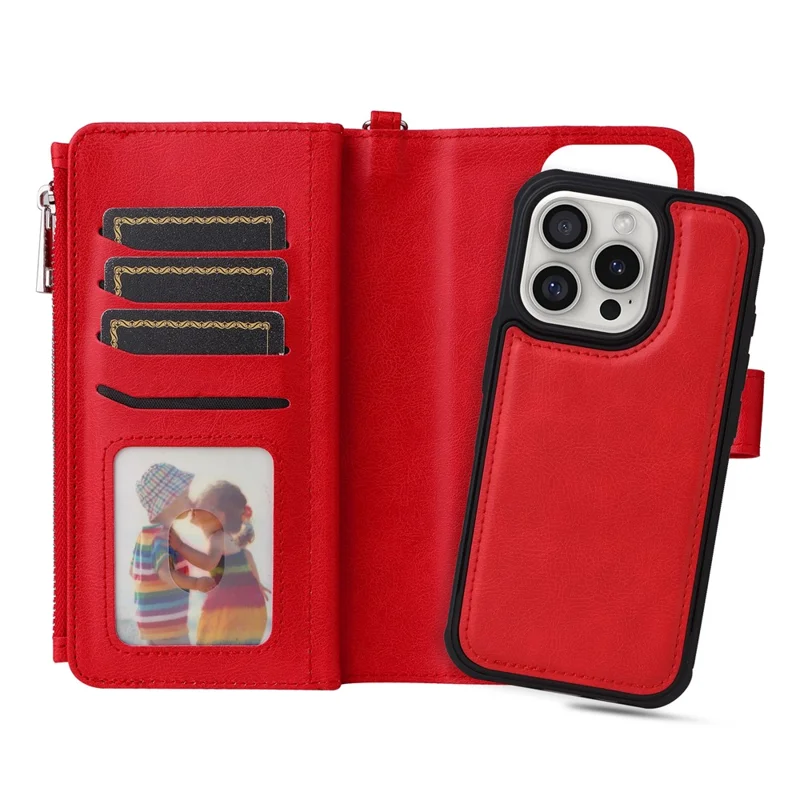 For iPhone 16 Pro Magnetic Leather Case Mobile Cover with Detachable Zipper Wallet Strap - Red