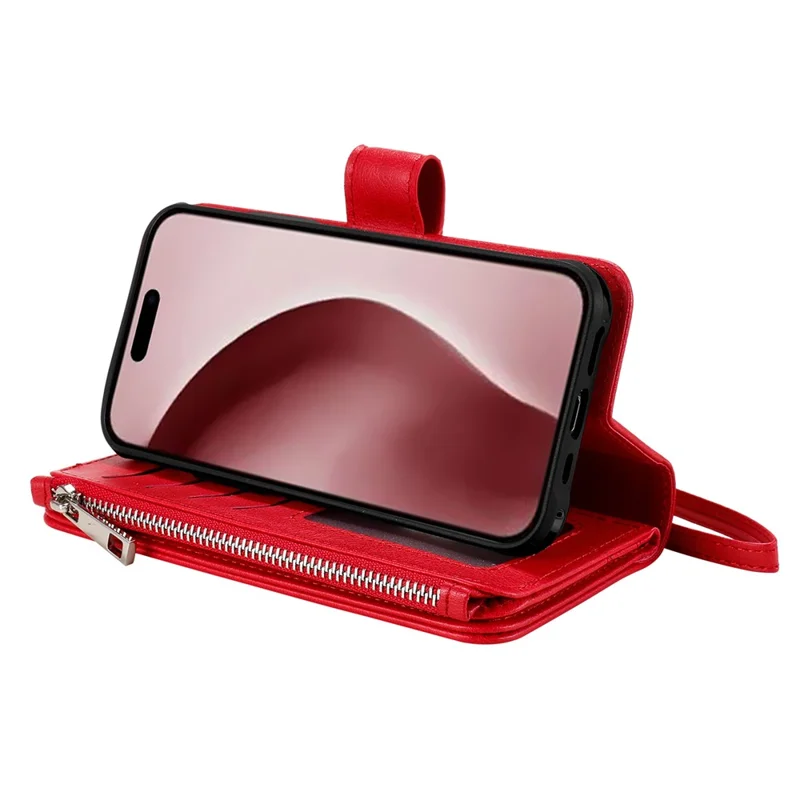 For iPhone 16 Pro Magnetic Leather Case Mobile Cover with Detachable Zipper Wallet Strap - Red