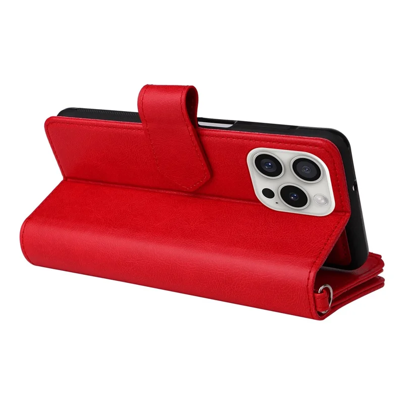 For iPhone 16 Pro Magnetic Leather Case Mobile Cover with Detachable Zipper Wallet Strap - Red