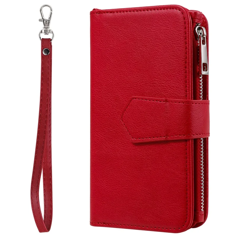 For iPhone 16 Pro Magnetic Leather Case Mobile Cover with Detachable Zipper Wallet Strap - Red