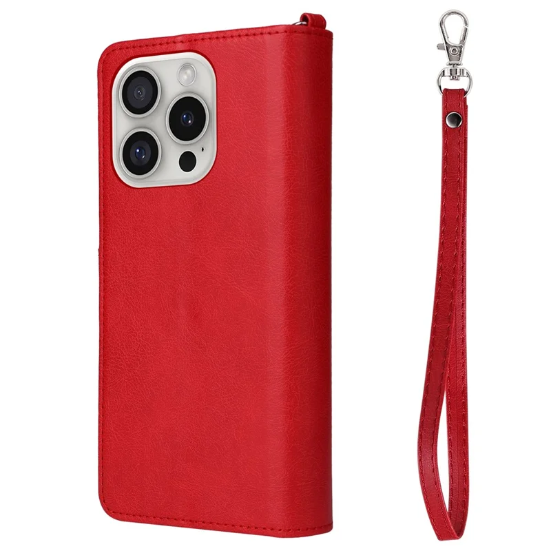 For iPhone 16 Pro Magnetic Leather Case Mobile Cover with Detachable Zipper Wallet Strap - Red