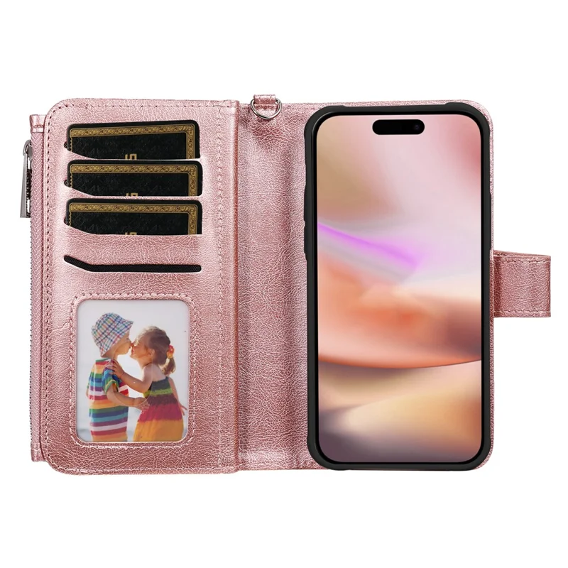 For iPhone 16 Plus Magnetic Leather Case Mobile Cover with Detachable Zipper Wallet Strap - Rose Gold