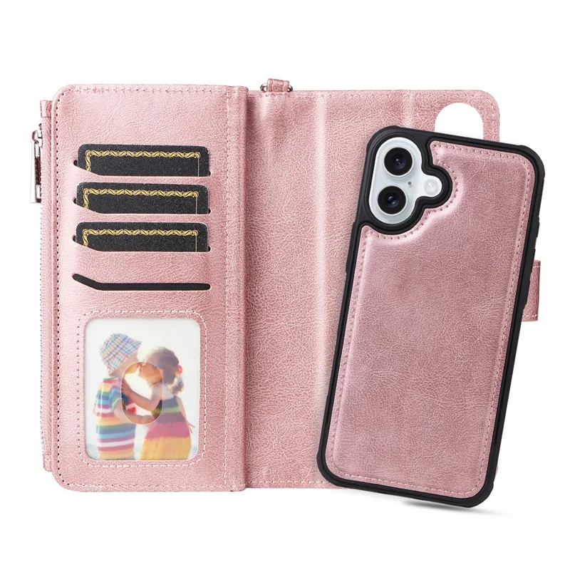 For iPhone 16 Plus Magnetic Leather Case Mobile Cover with Detachable Zipper Wallet Strap - Rose Gold