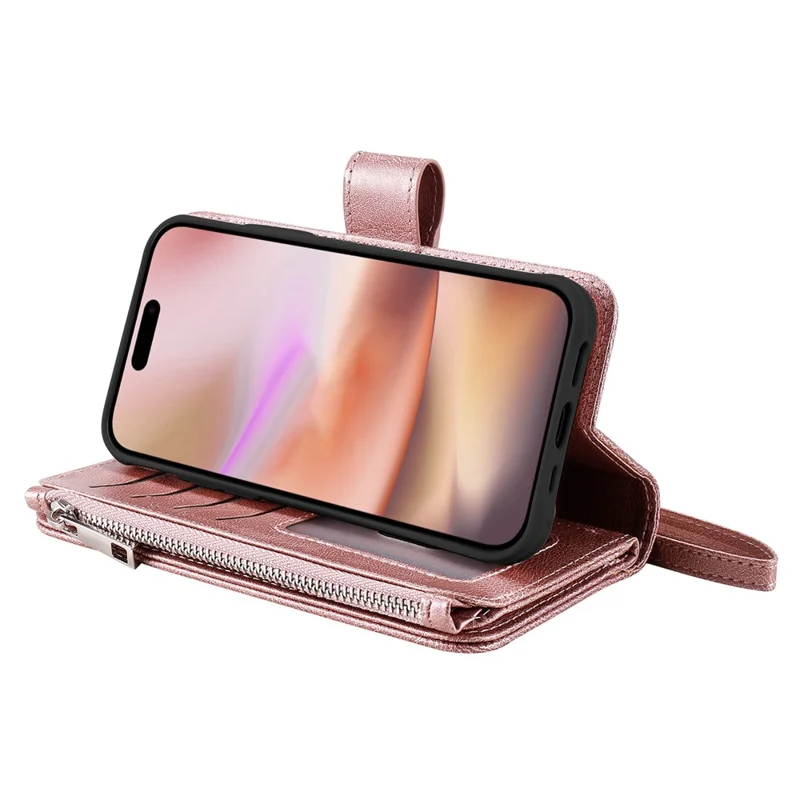 For iPhone 16 Plus Magnetic Leather Case Mobile Cover with Detachable Zipper Wallet Strap - Rose Gold