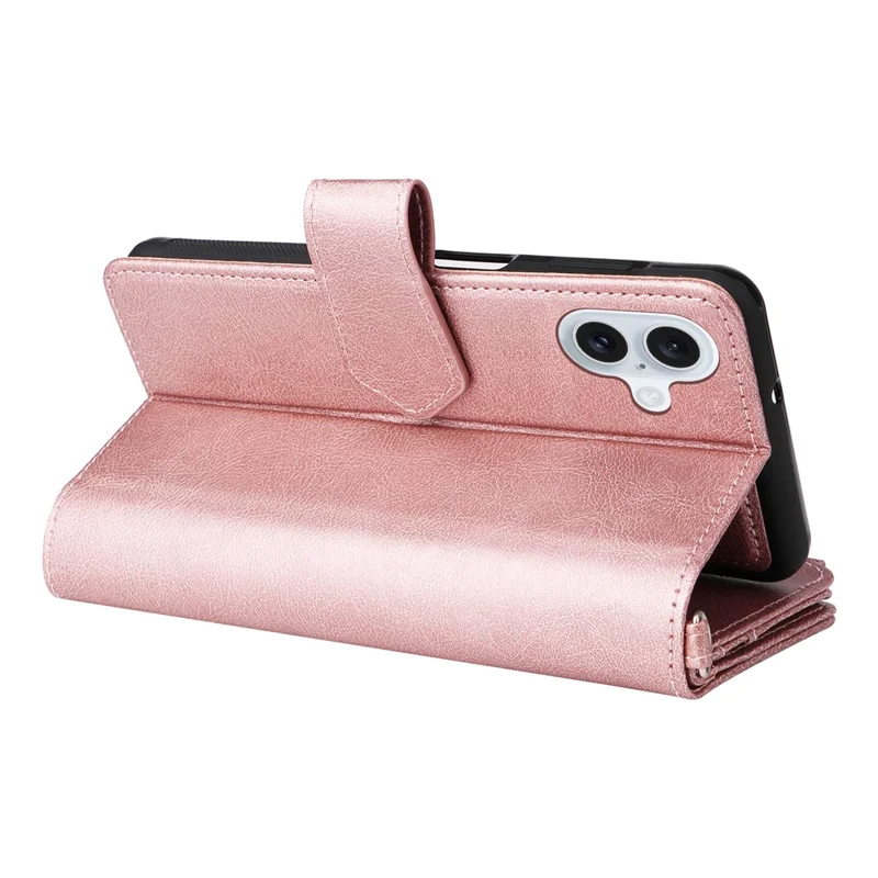 For iPhone 16 Plus Magnetic Leather Case Mobile Cover with Detachable Zipper Wallet Strap - Rose Gold