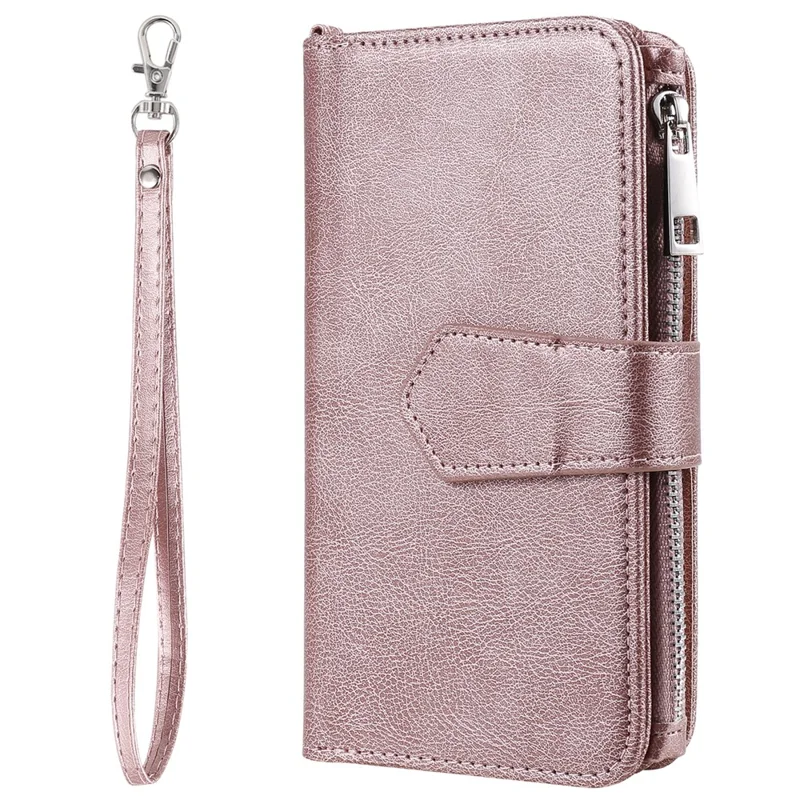 For iPhone 16 Plus Magnetic Leather Case Mobile Cover with Detachable Zipper Wallet Strap - Rose Gold