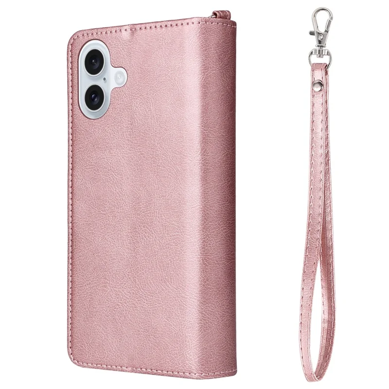For iPhone 16 Plus Magnetic Leather Case Mobile Cover with Detachable Zipper Wallet Strap - Rose Gold