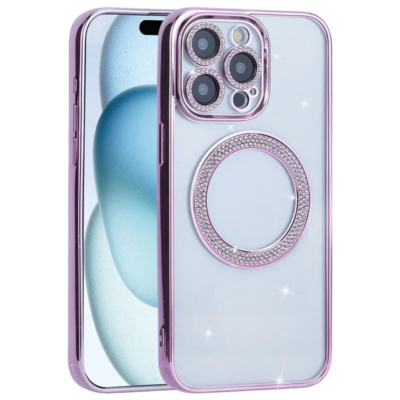 Für iPhone 16 Pro Max Magnetische Hülle Bling Rhinestone Clear TPU + PC Phone Cover - Pink