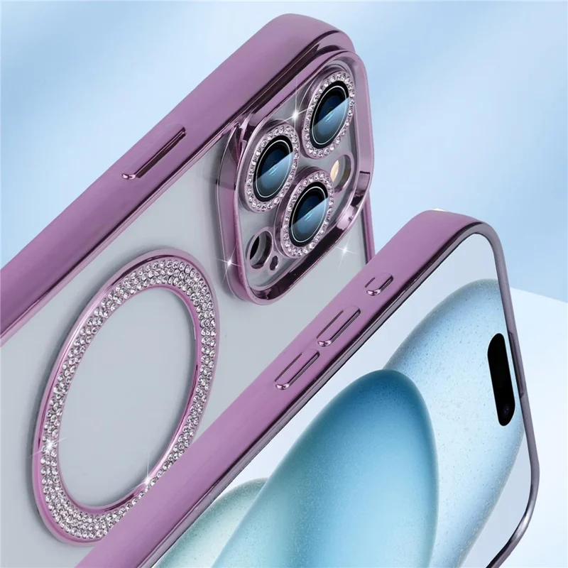 Für iPhone 16 Pro Max Magnetische Hülle Bling Rhinestone Clear TPU + PC Phone Cover - Pink