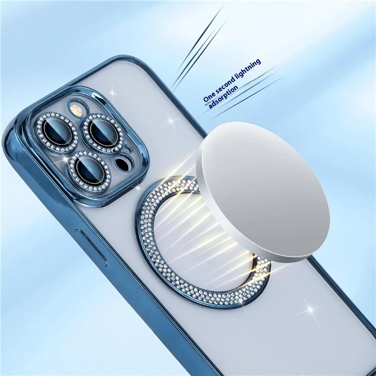 For iPhone 16 Pro Max Magnetic Case Bling Rhinestone Clear TPU + PC Phone Cover - Black