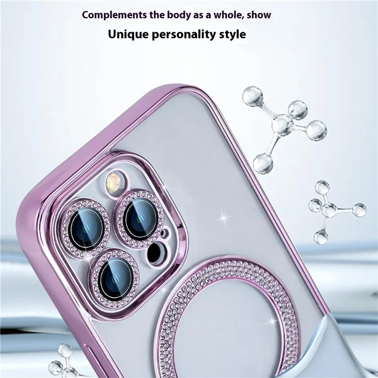 For iPhone 16 Pro Max Magnetic Case Bling Rhinestone Clear TPU + PC Phone Cover - Black