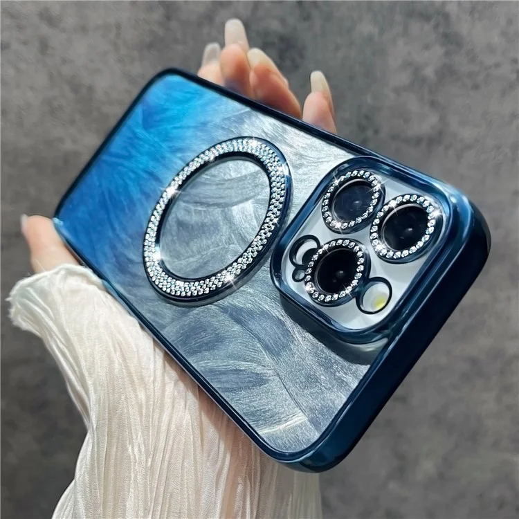 Pour Iphone 16 Pro Magretic Case Texture Feather Texture Bling TPU Sparkly TPU + PC Téléphone - Bleu Foncé